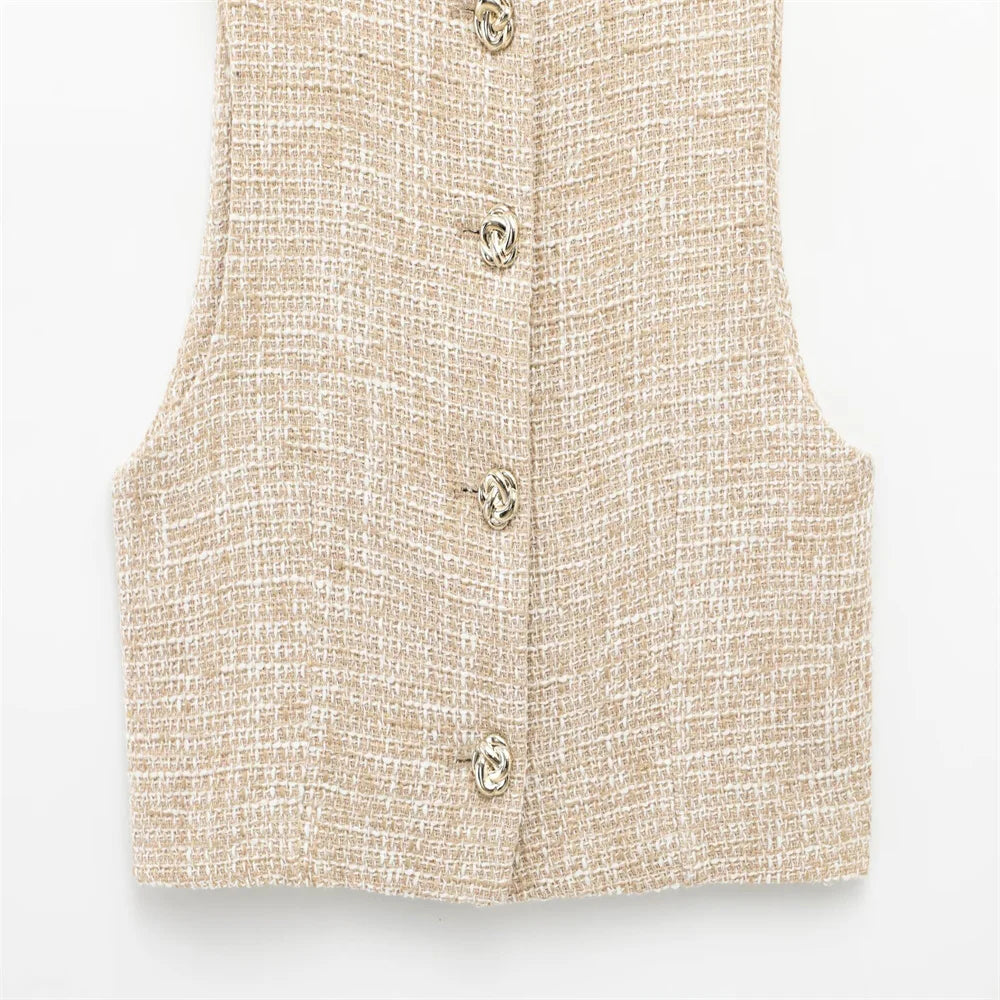 Women Tweed Sleeveless Button-Up Vest and Asymmetric Belted Shorts Set Stylish Two-Piece Outfit