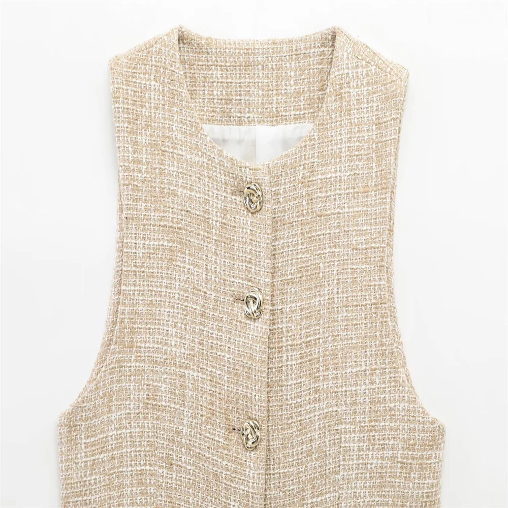 Women Tweed Sleeveless Button-Up Vest and Asymmetric Belted Shorts Set Stylish Two-Piece Outfit