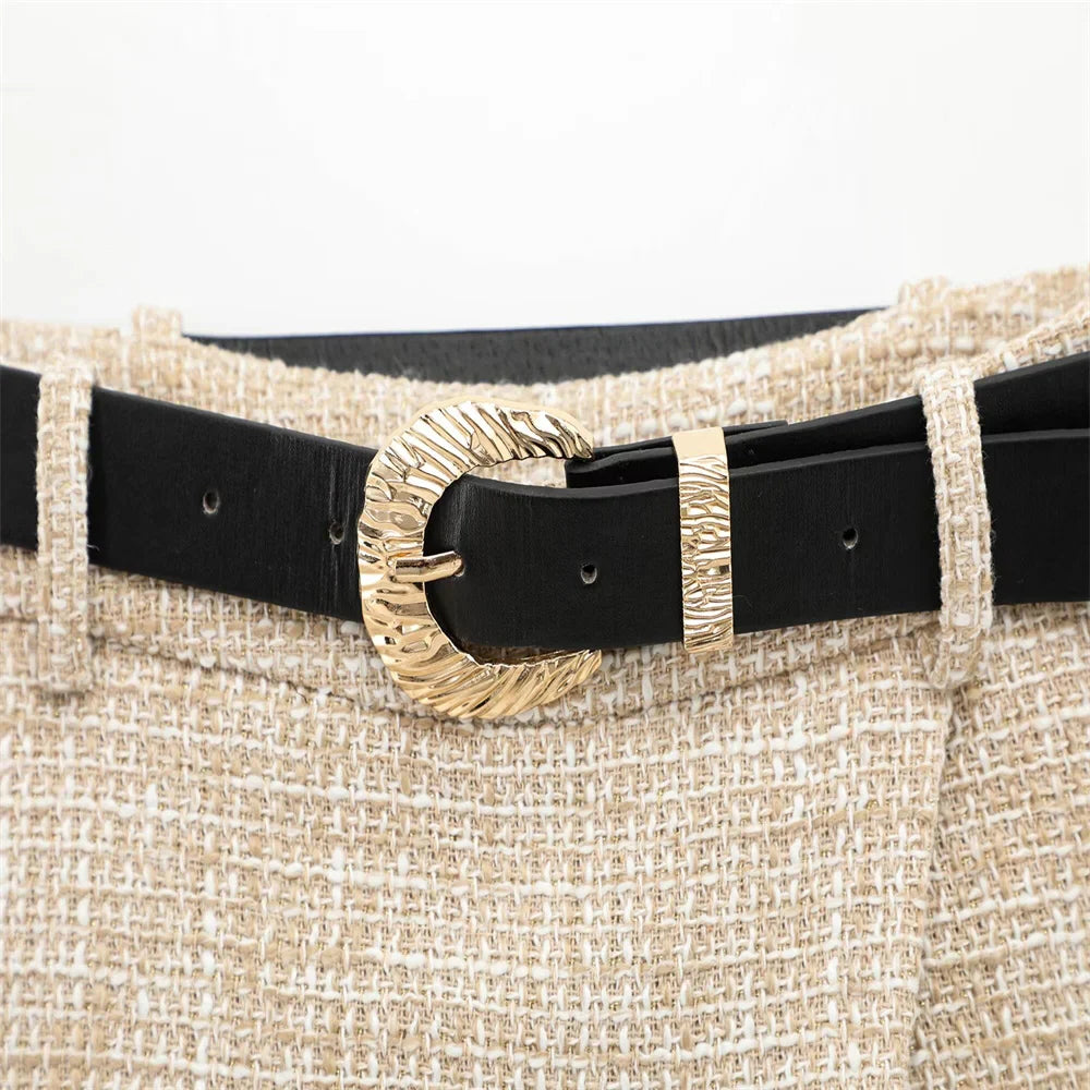 Women Tweed Sleeveless Button-Up Vest and Asymmetric Belted Shorts Set Stylish Two-Piece Outfit