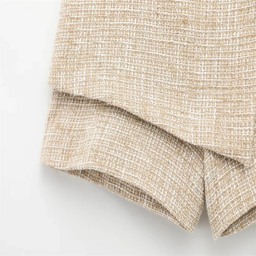 Women Tweed Sleeveless Button-Up Vest and Asymmetric Belted Shorts Set Stylish Two-Piece Outfit