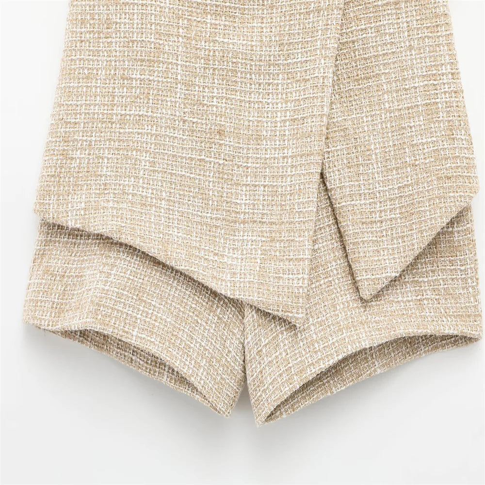 Women Tweed Sleeveless Button-Up Vest and Asymmetric Belted Shorts Set Stylish Two-Piece Outfit