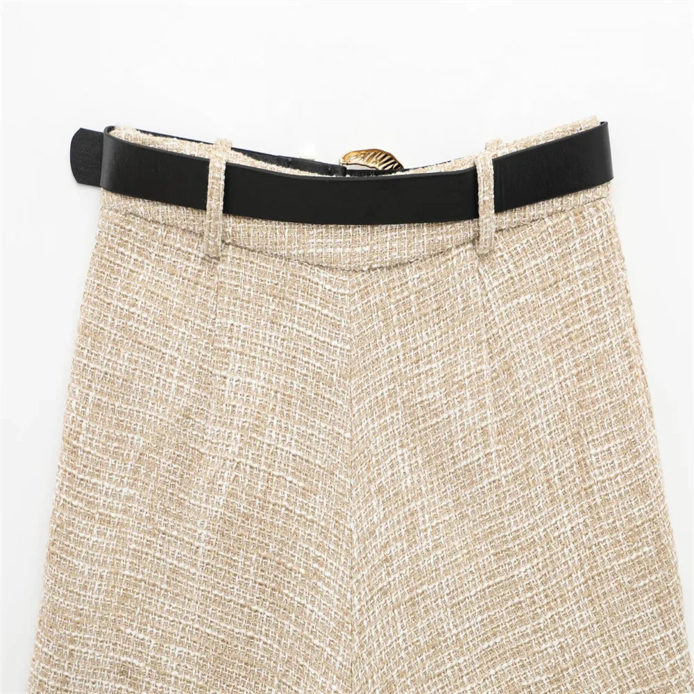 Women Tweed Sleeveless Button-Up Vest and Asymmetric Belted Shorts Set Stylish Two-Piece Outfit