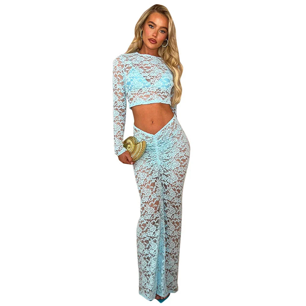 Perspective Round Neck Lace Two-Piece Set with Long Sleeves and High Waist Cinched Skirt