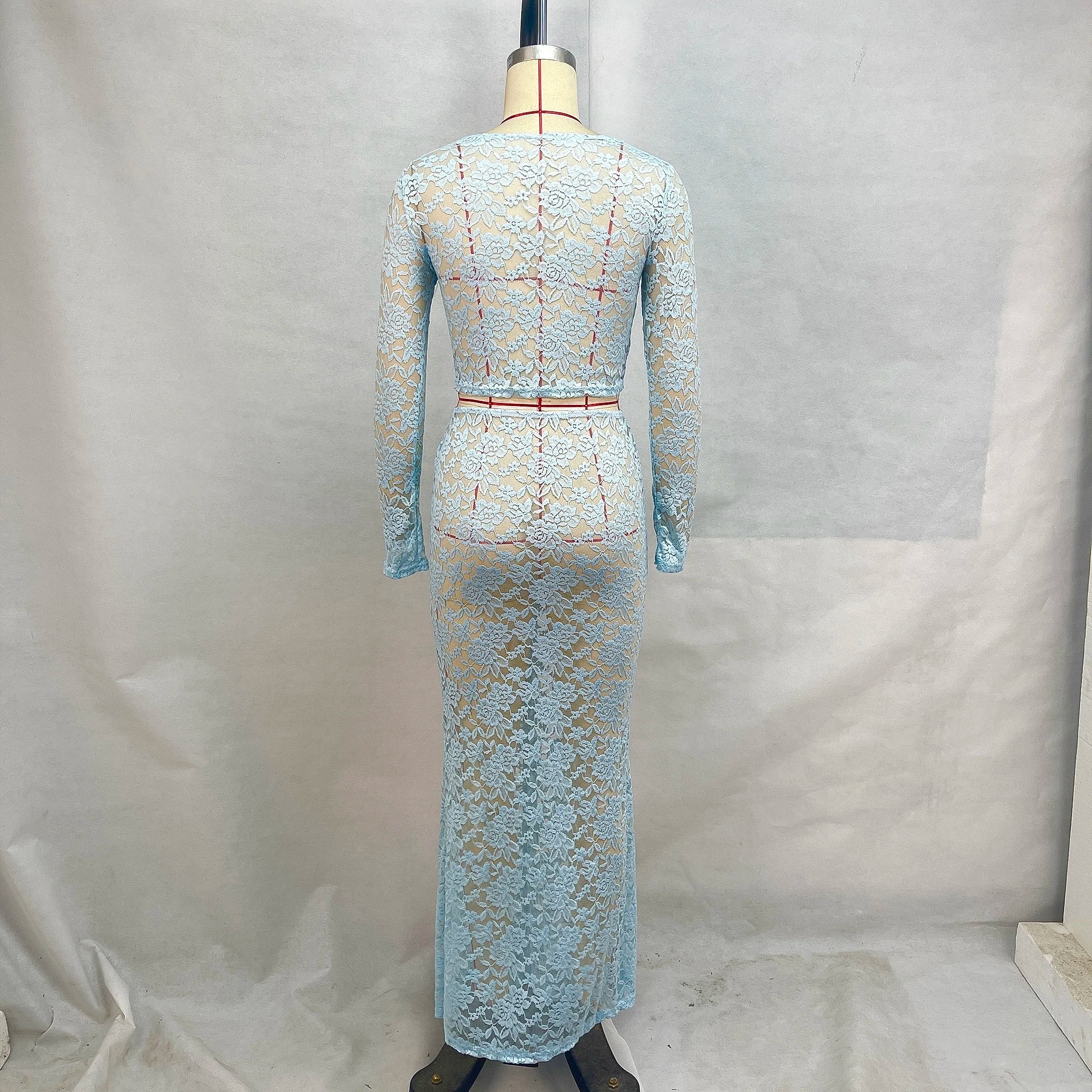 Perspective Round Neck Lace Two-Piece Set with Long Sleeves and High Waist Cinched Skirt