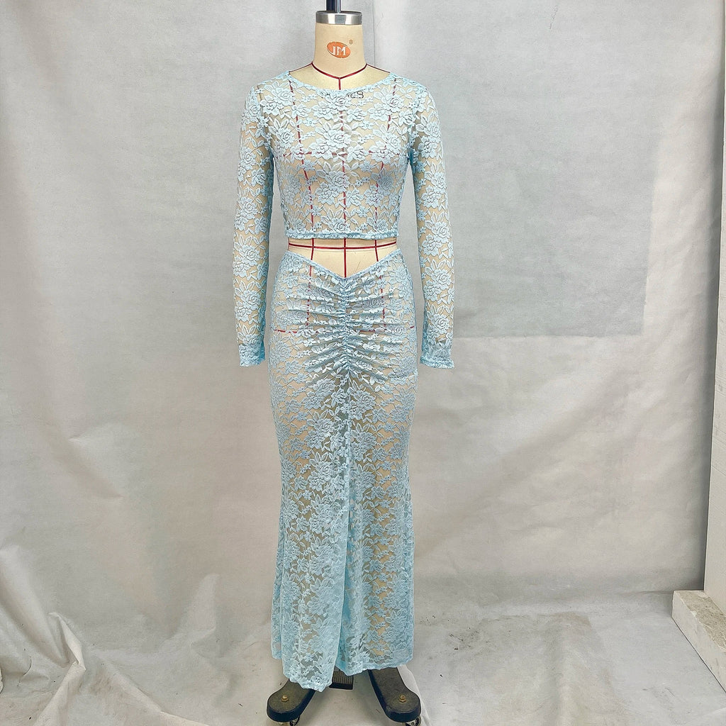 Perspective Round Neck Lace Two-Piece Set with Long Sleeves and High Waist Cinched Skirt