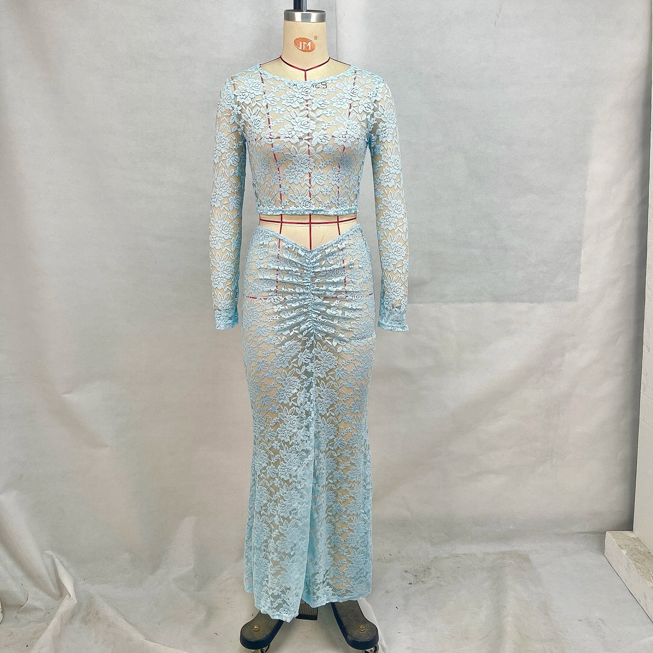 Perspective Round Neck Lace Two-Piece Set with Long Sleeves and High Waist Cinched Skirt