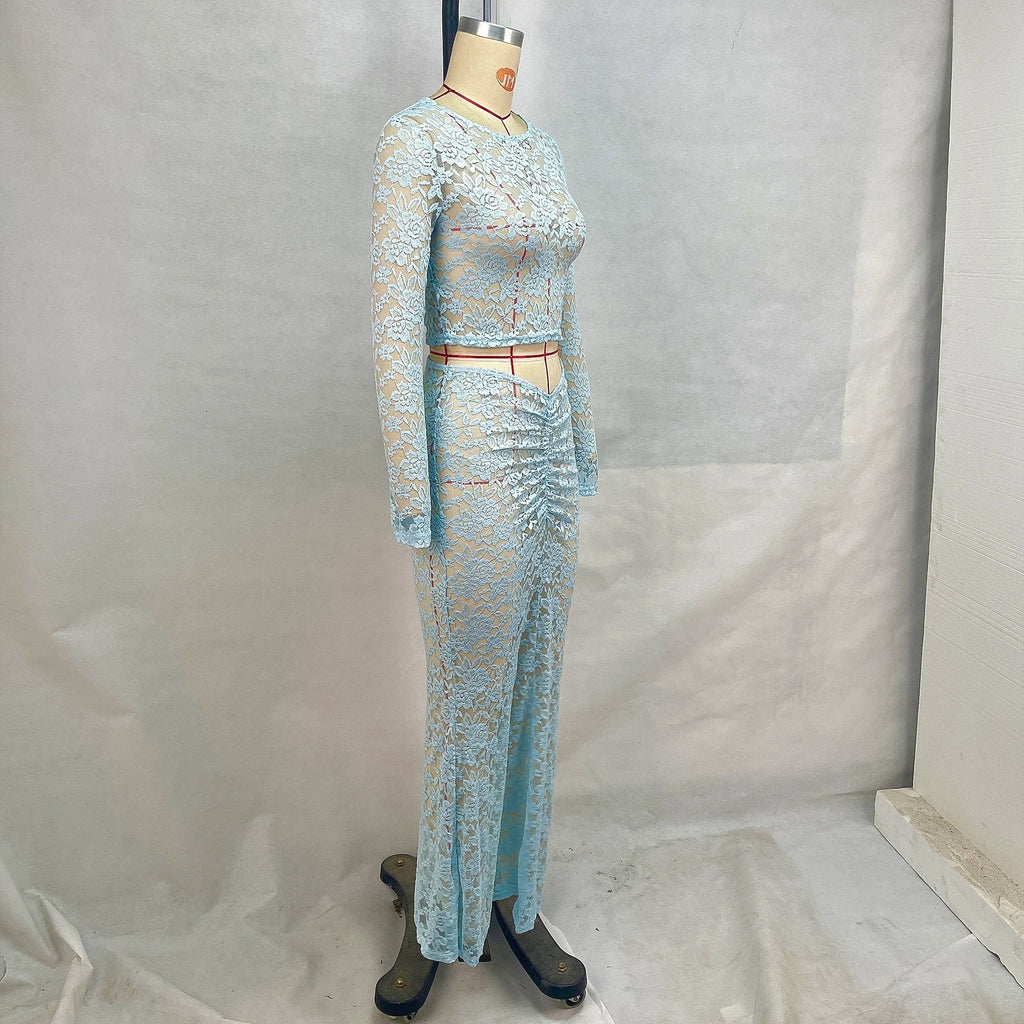 Perspective Round Neck Lace Two-Piece Set with Long Sleeves and High Waist Cinched Skirt