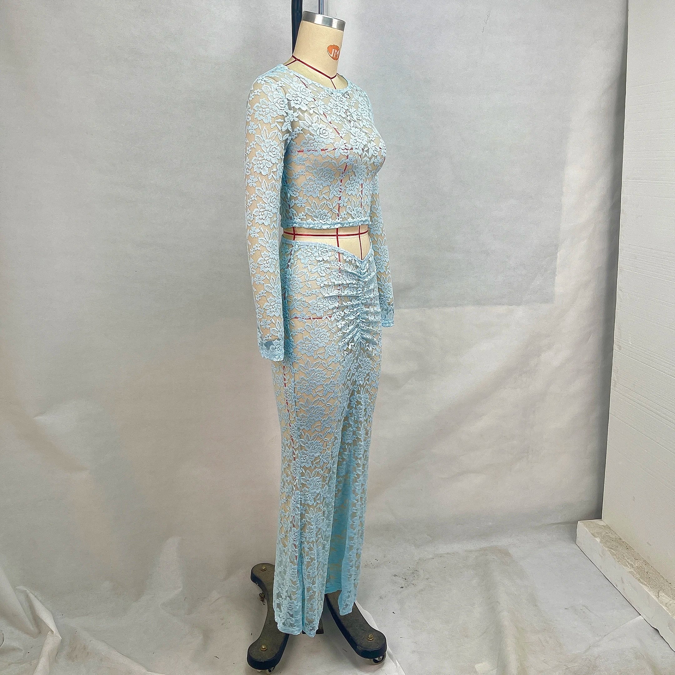 Perspective Round Neck Lace Two-Piece Set with Long Sleeves and High Waist Cinched Skirt