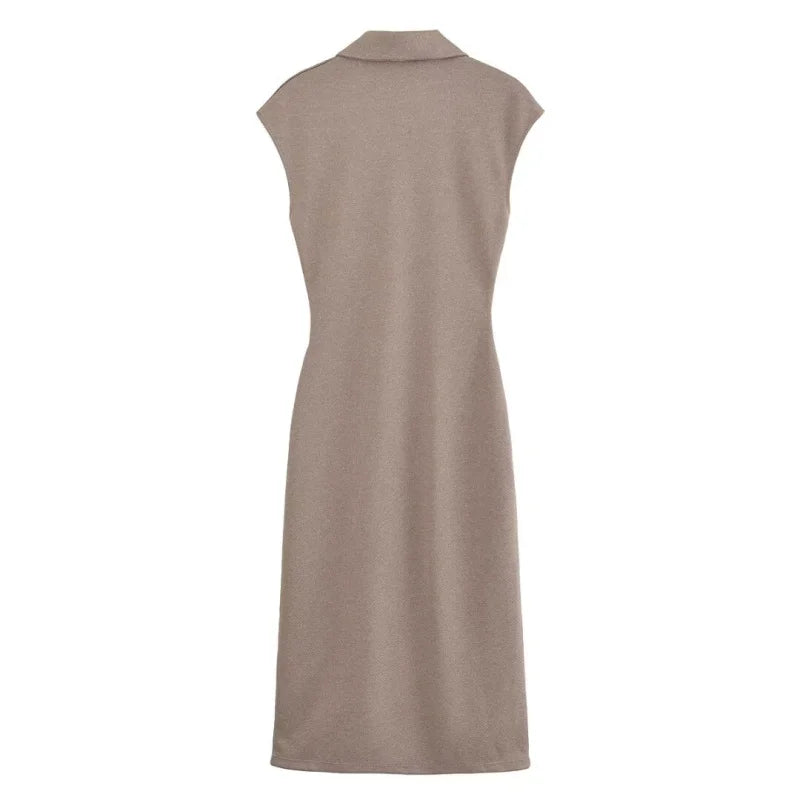 Elegant Bead-Accented Shirt-Style Short Sleeve V-Neck Dress with Long Skirt for Spring and Summer Women