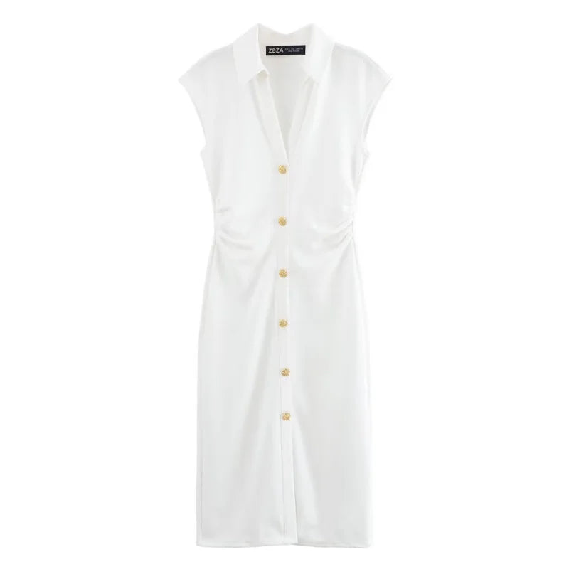 Elegant Bead-Accented Shirt-Style Short Sleeve V-Neck Dress with Long Skirt for Spring and Summer Women