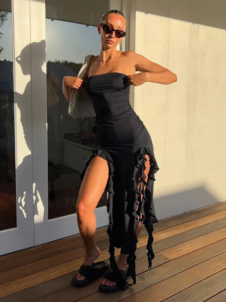 Elegant Ruffles Maxi Dress for Summer Women's Sleeveless Backless Evening Party Dress with Sexy Straps and Ruched Details