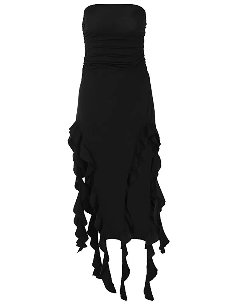 Elegant Ruffles Maxi Dress for Summer Women's Sleeveless Backless Evening Party Dress with Sexy Straps and Ruched Details