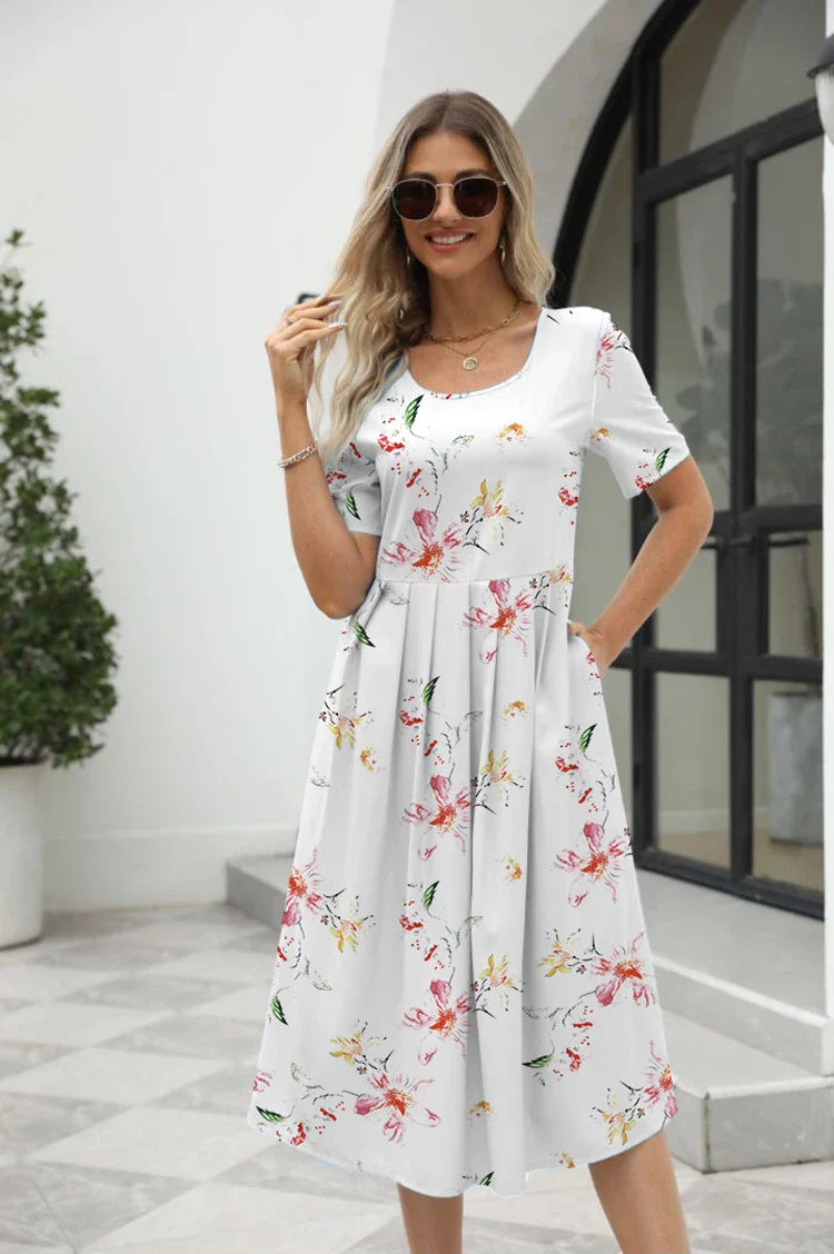 Elegant Printed Short Sleeve Zipper Dress with Round Neck for Women