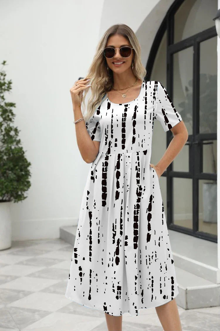 Elegant Printed Short Sleeve Zipper Dress with Round Neck for Women