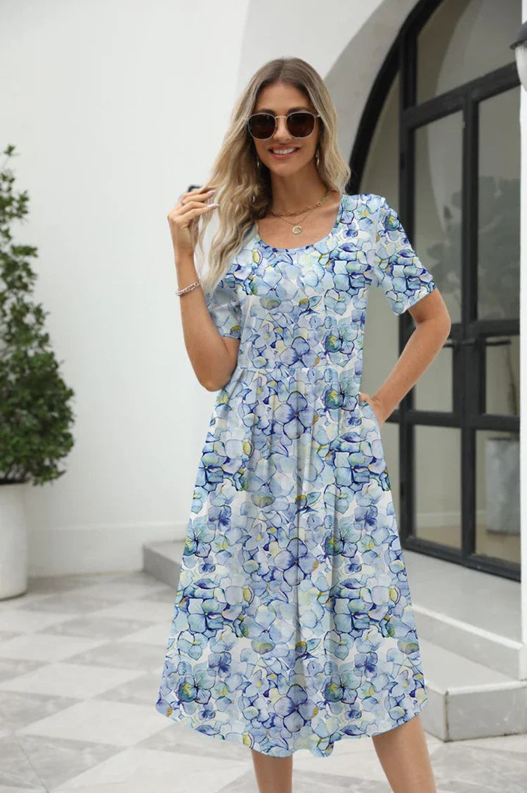 Elegant Printed Short Sleeve Zipper Dress with Round Neck for Women
