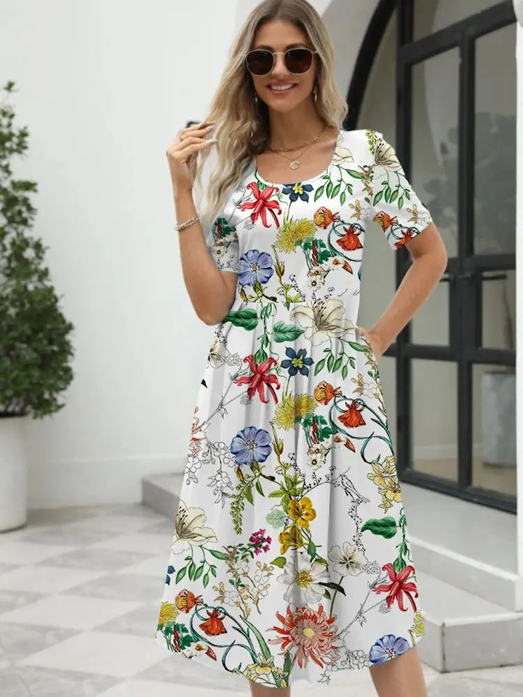 Elegant Printed Short Sleeve Zipper Dress with Round Neck for Women