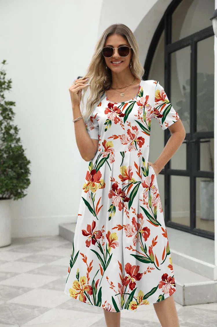 Elegant Printed Short Sleeve Zipper Dress with Round Neck for Women