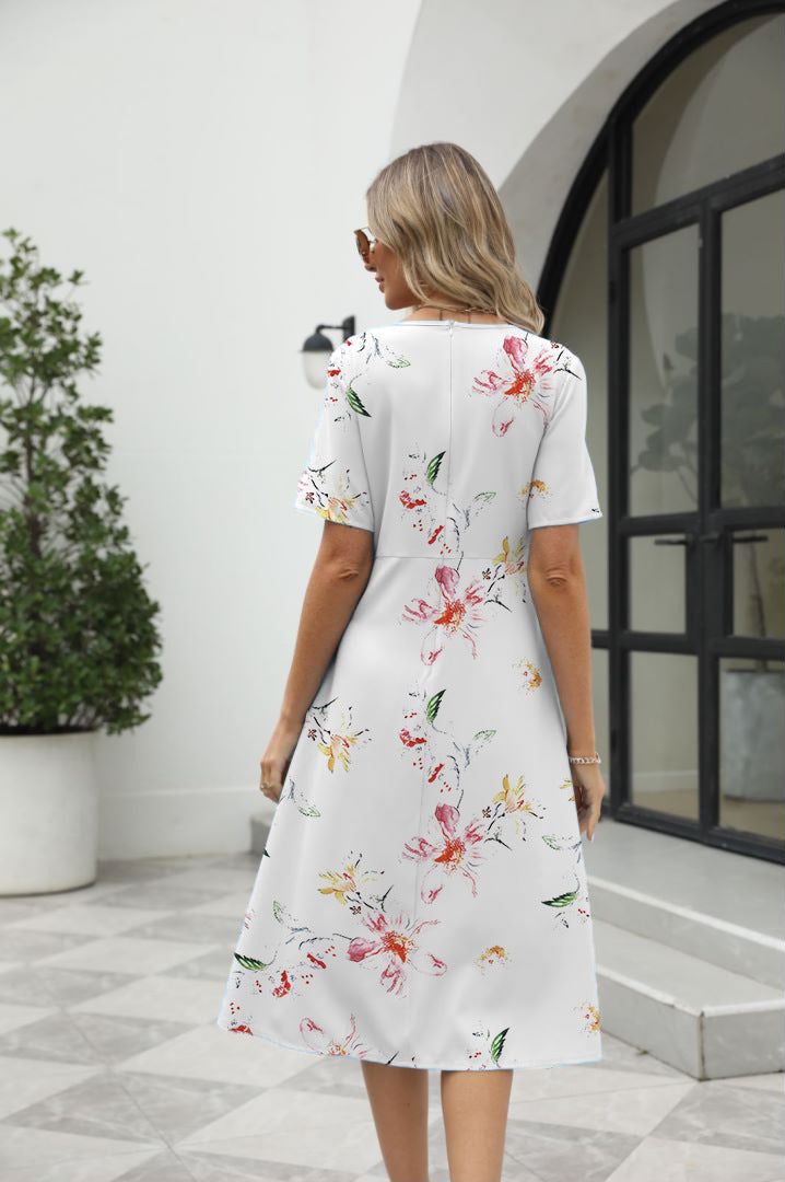 Elegant Printed Short Sleeve Zipper Dress with Round Neck for Women