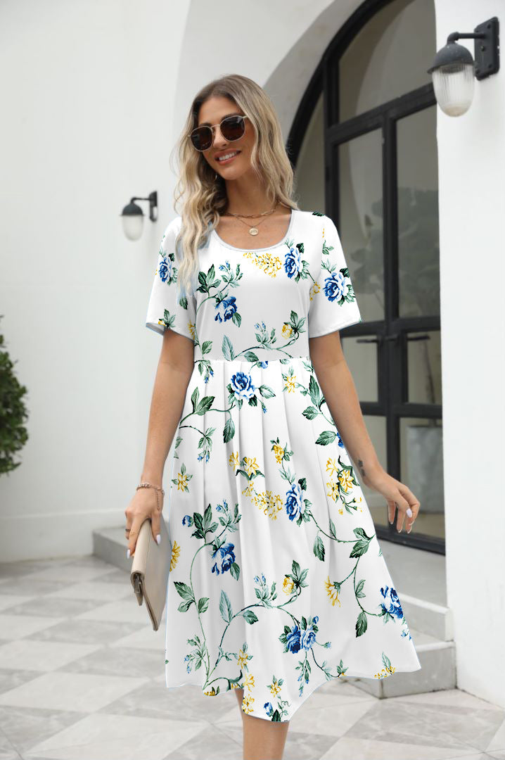 Elegant Printed Short Sleeve Zipper Dress with Round Neck for Women