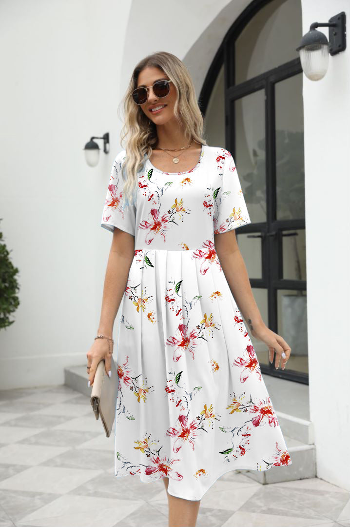 Elegant Printed Short Sleeve Zipper Dress with Round Neck for Women
