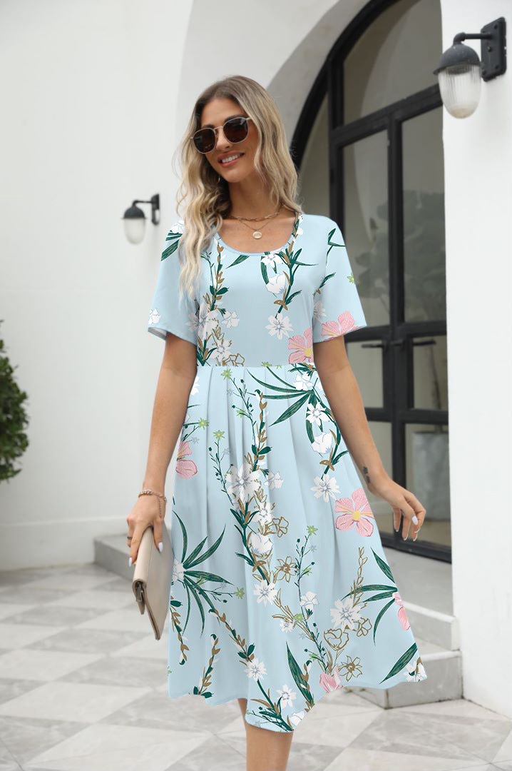 Elegant Printed Short Sleeve Zipper Dress with Round Neck for Women