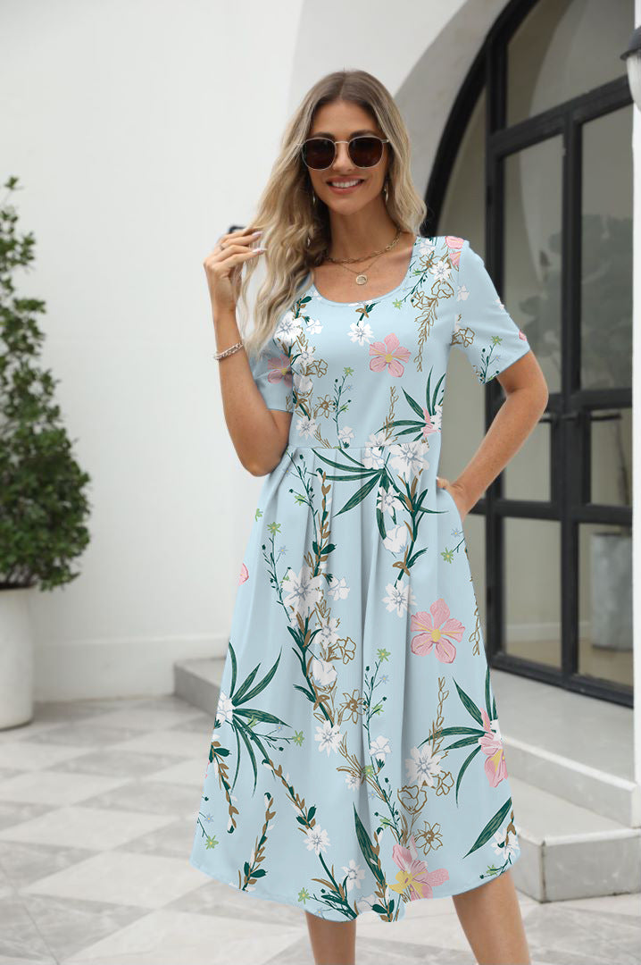 Elegant Printed Short Sleeve Zipper Dress with Round Neck for Women