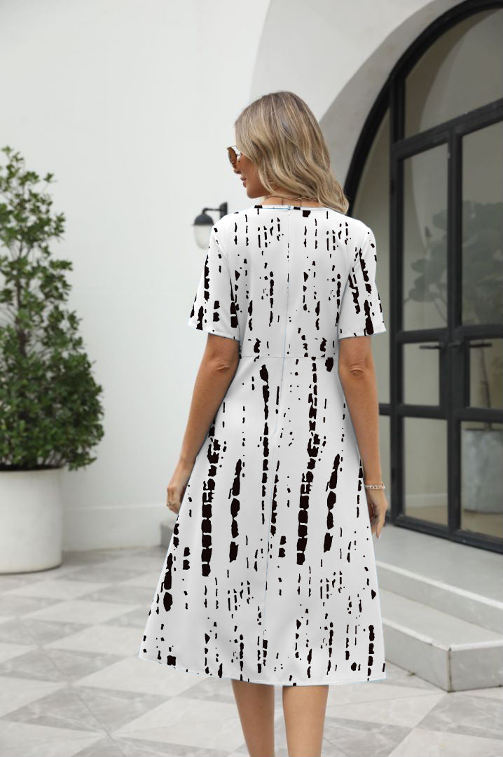Elegant Printed Short Sleeve Zipper Dress with Round Neck for Women