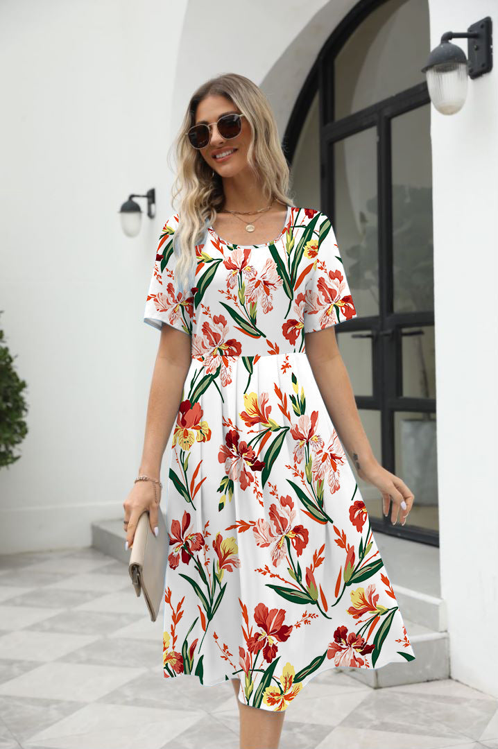Elegant Printed Short Sleeve Zipper Dress with Round Neck for Women