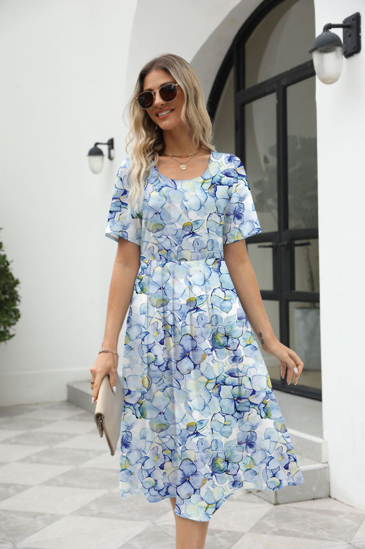 Elegant Printed Short Sleeve Zipper Dress with Round Neck for Women