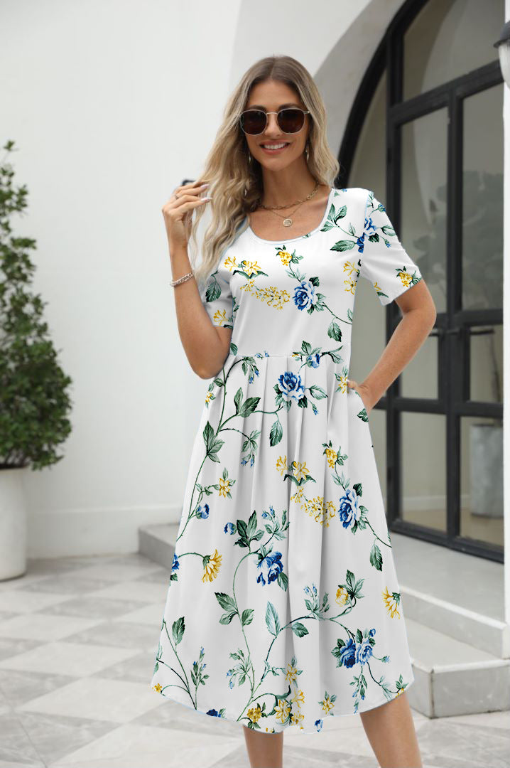 Elegant Printed Short Sleeve Zipper Dress with Round Neck for Women