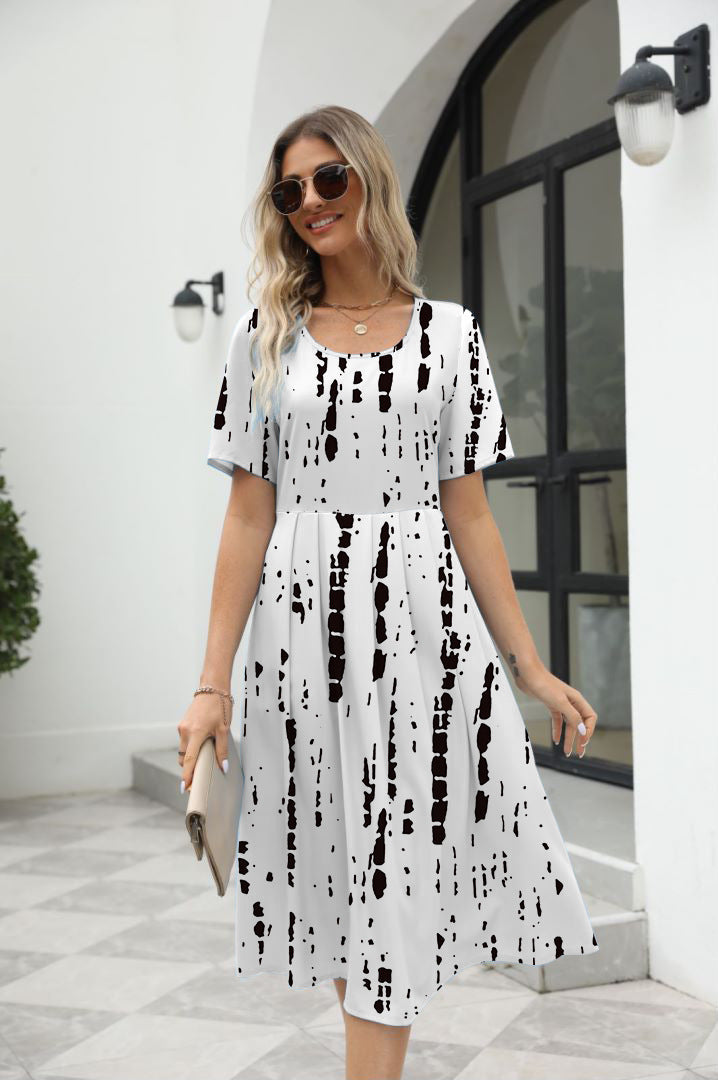 Elegant Printed Short Sleeve Zipper Dress with Round Neck for Women