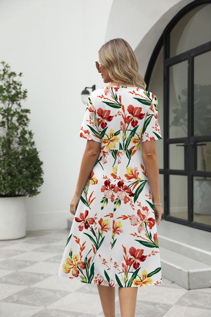 Elegant Printed Short Sleeve Zipper Dress with Round Neck for Women