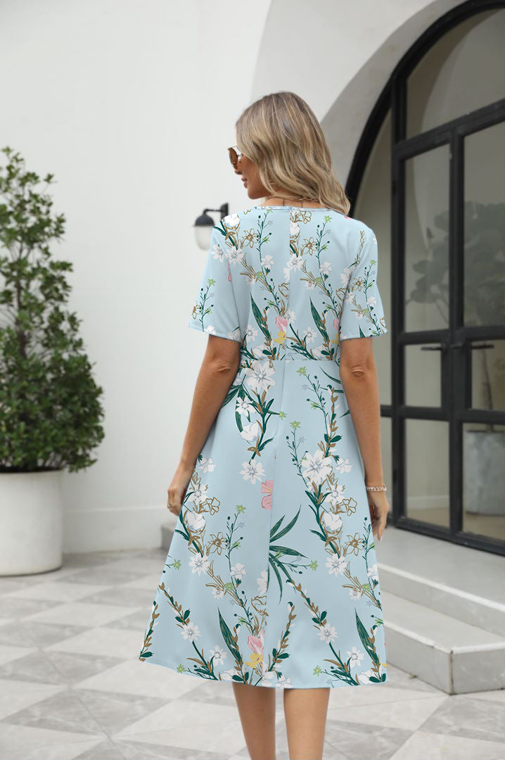 Elegant Printed Short Sleeve Zipper Dress with Round Neck for Women