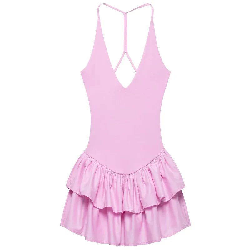 Chic Pink Halter Mini Dress with V Neck Ruffles Hem A Line Summer Ladies Party Wear