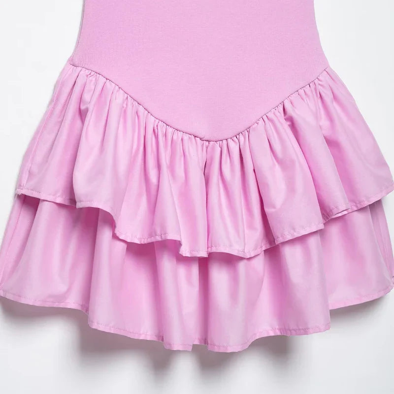 Chic Pink Halter Mini Dress with V Neck Ruffles Hem A Line Summer Ladies Party Wear