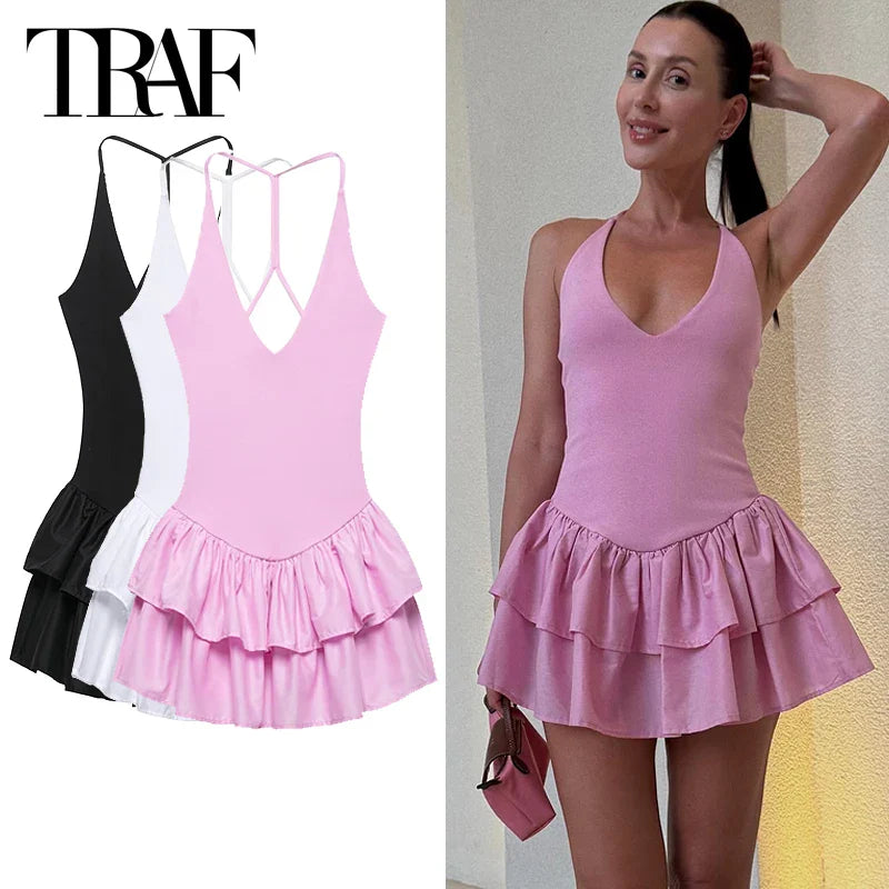 Chic Pink Halter Mini Dress with V Neck Ruffles Hem A Line Summer Ladies Party Wear