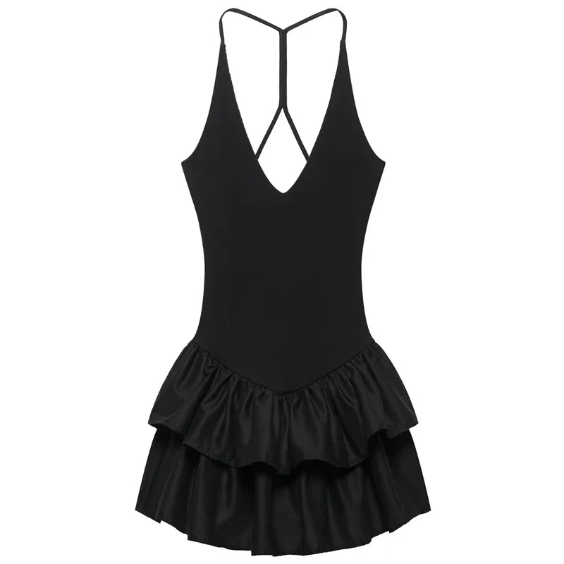 Chic Pink Halter Mini Dress with V Neck Ruffles Hem A Line Summer Ladies Party Wear