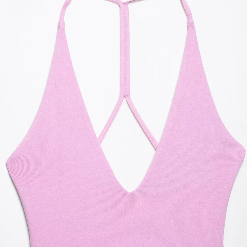 Chic Pink Halter Mini Dress with V Neck Ruffles Hem A Line Summer Ladies Party Wear