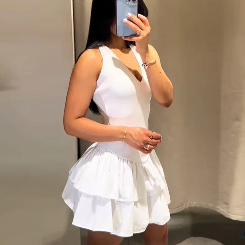 Chic Pink Halter Mini Dress with V Neck Ruffles Hem A Line Summer Ladies Party Wear