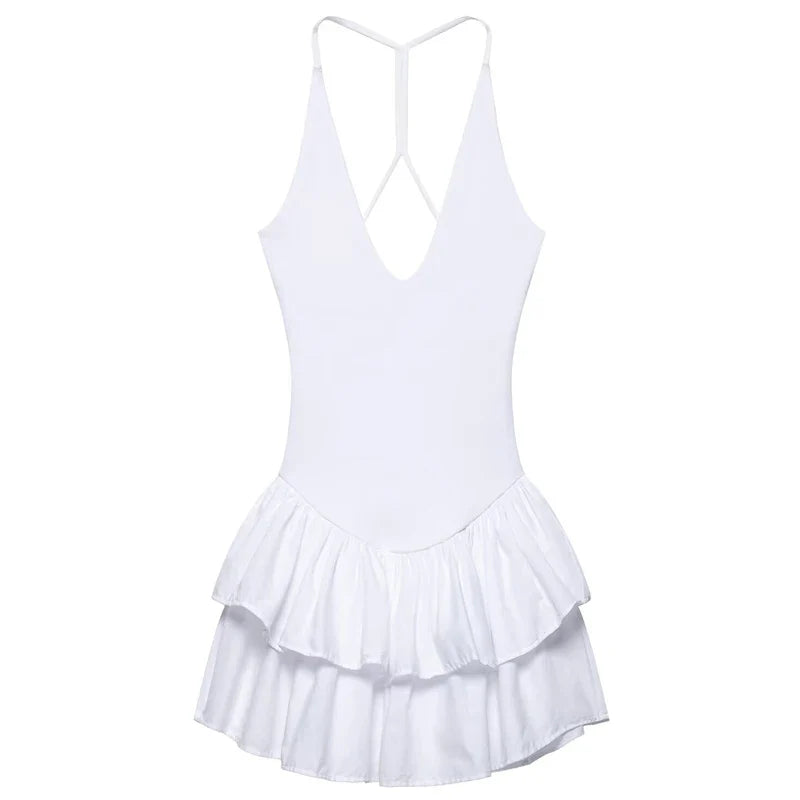 Chic Pink Halter Mini Dress with V Neck Ruffles Hem A Line Summer Ladies Party Wear