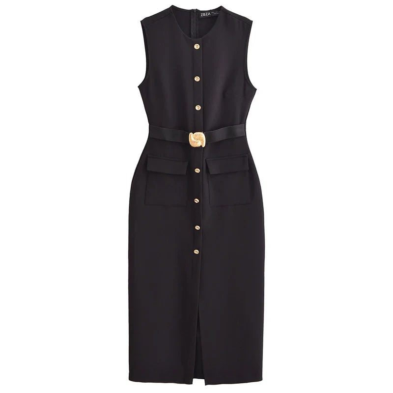 Elegant Black Sleeveless Maxi Dress with Belt and Button Details for Casual Summer Wear