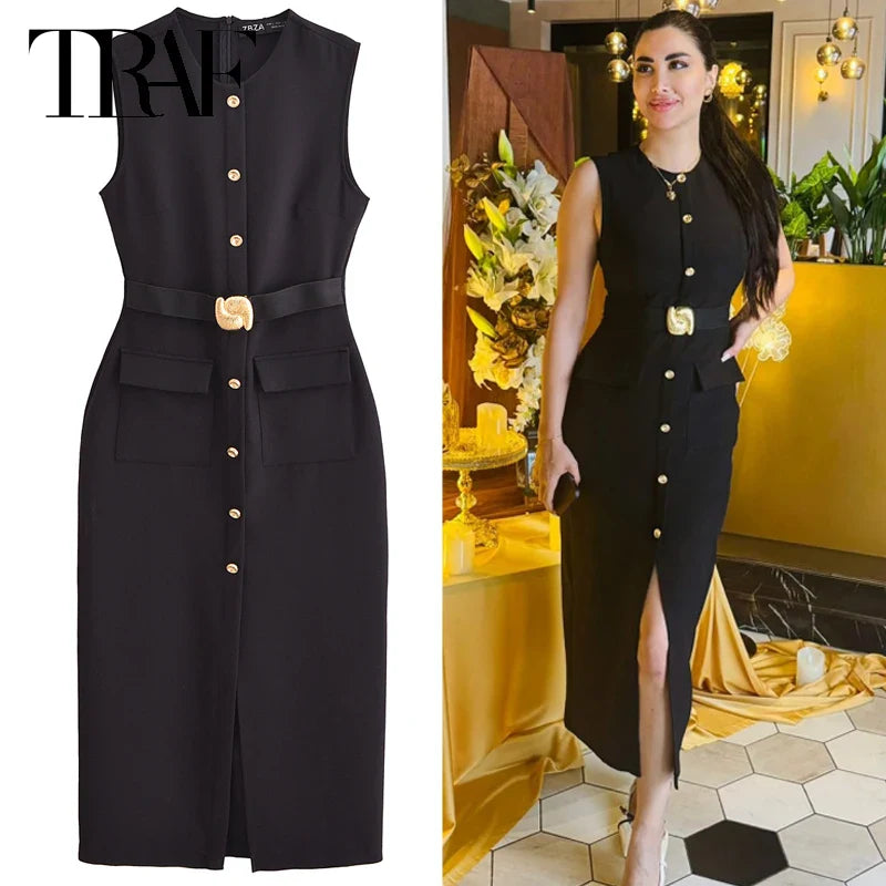 Elegant Black Sleeveless Maxi Dress with Belt and Button Details for Casual Summer Wear