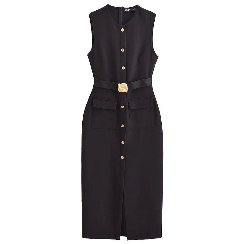 Elegant Black Sleeveless Maxi Dress with Belt and Button Details for Casual Summer Wear