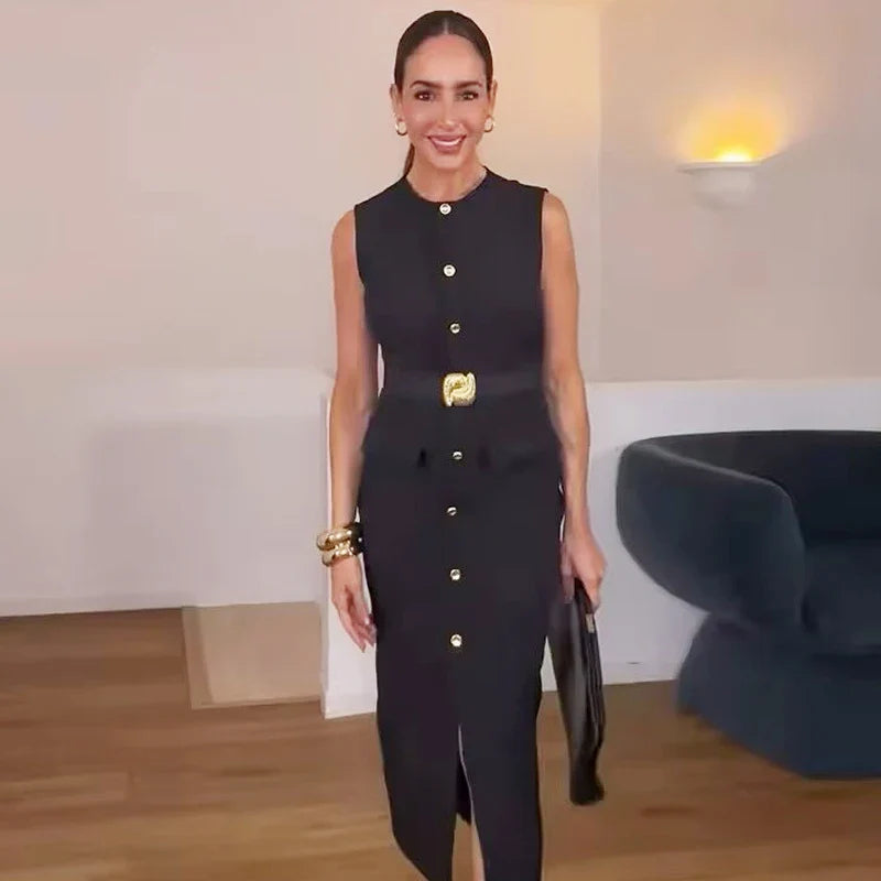 Elegant Black Sleeveless Maxi Dress with Belt and Button Details for Casual Summer Wear