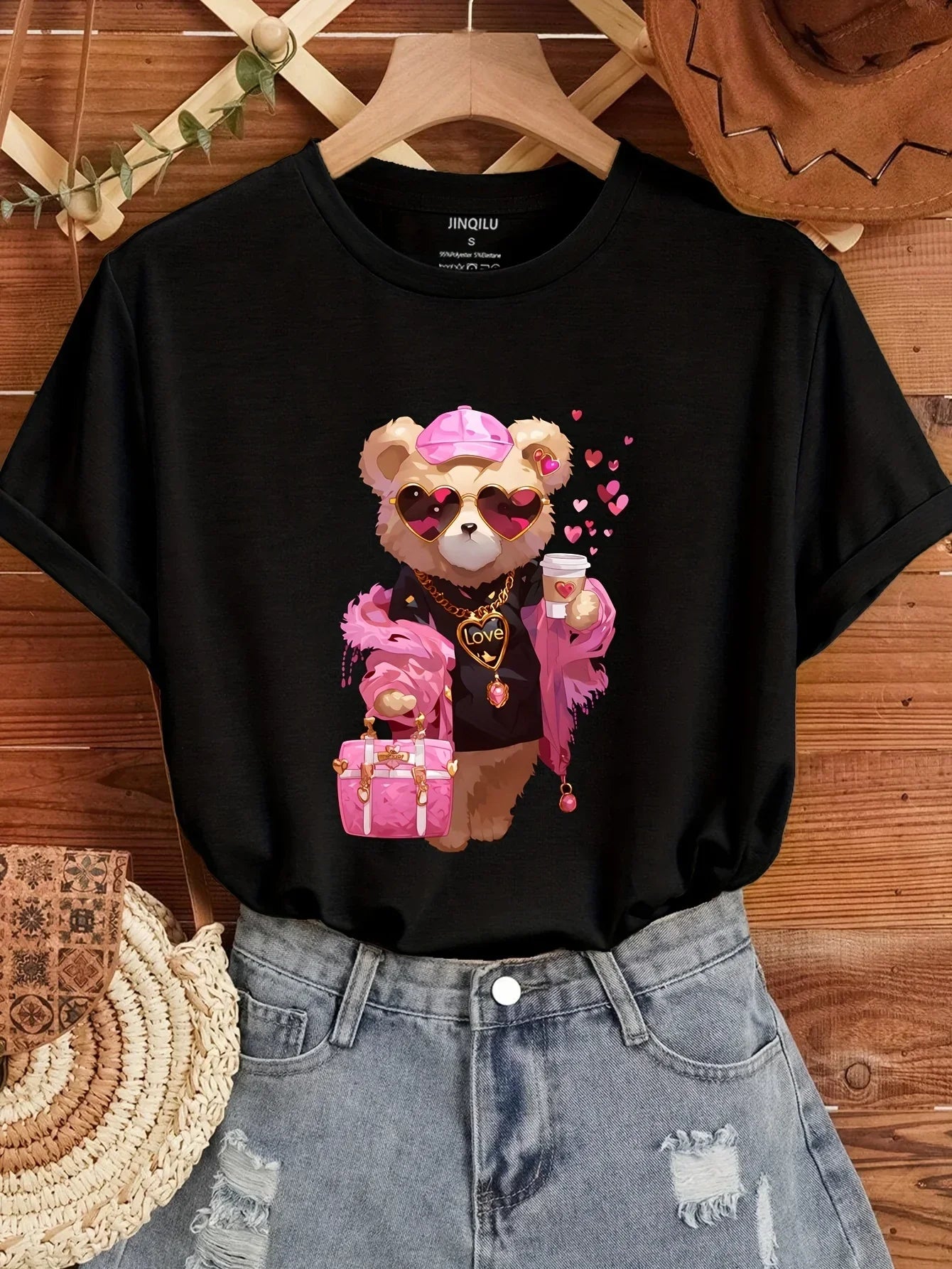 Casual Bear and Love Print Crew Neck T-Shirt for Women Short Sleeve Lightweight Top Perfect for Spring and Summer Everyday Wear