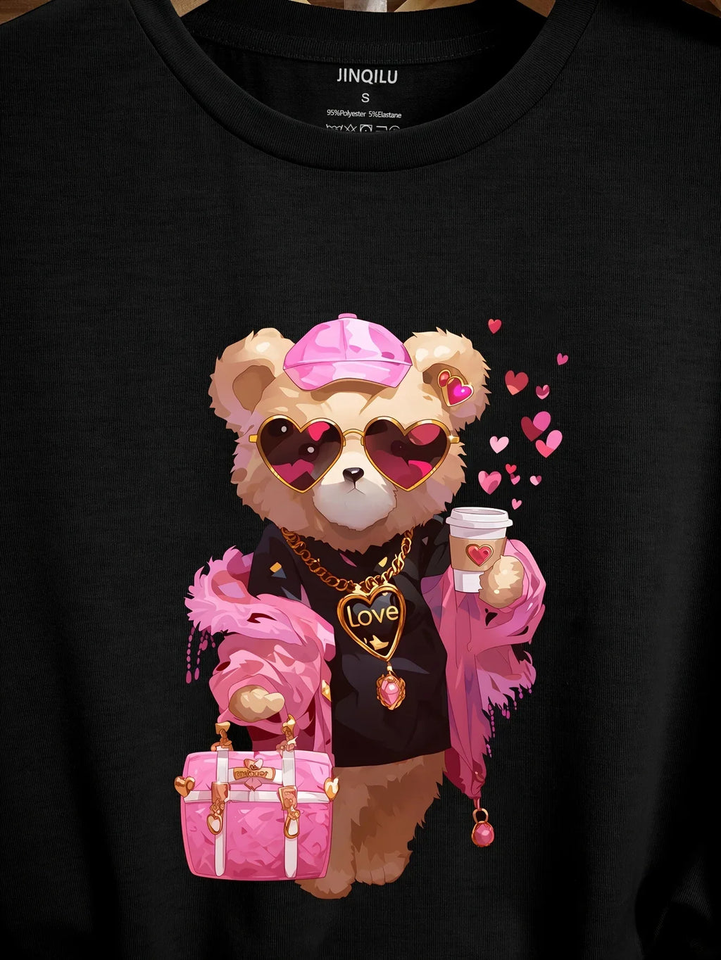 Casual Bear and Love Print Crew Neck T-Shirt for Women Short Sleeve Lightweight Top Perfect for Spring and Summer Everyday Wear