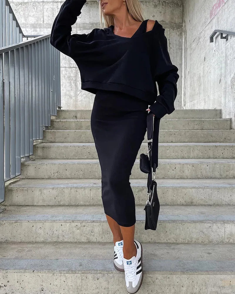 Autumn Winter Solid Print V-Neck Long Sleeve Women's Hooded Sweater Set with Slim Fit Short Top and Long Dress