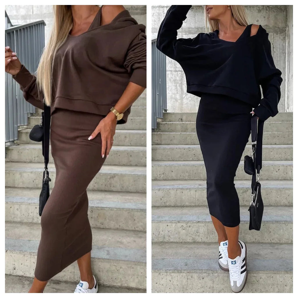 Autumn Winter Solid Print V-Neck Long Sleeve Women's Hooded Sweater Set with Slim Fit Short Top and Long Dress