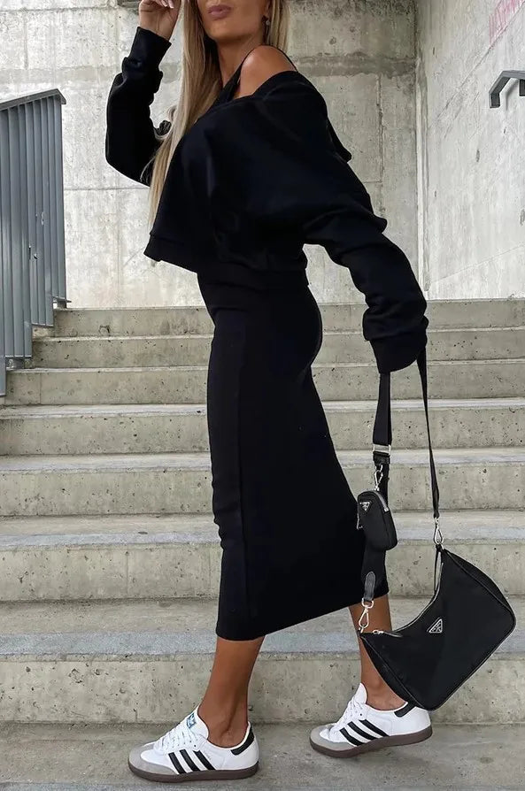 Autumn Winter Solid Print V-Neck Long Sleeve Women's Hooded Sweater Set with Slim Fit Short Top and Long Dress