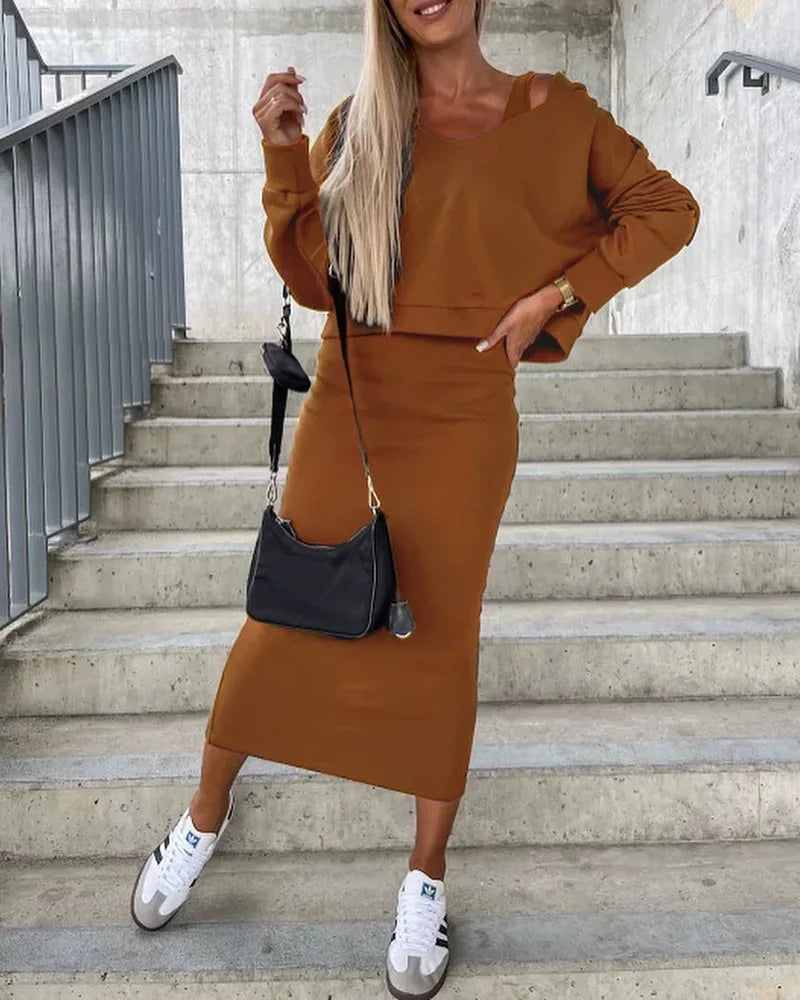 Autumn Winter Solid Print V-Neck Long Sleeve Women's Hooded Sweater Set with Slim Fit Short Top and Long Dress